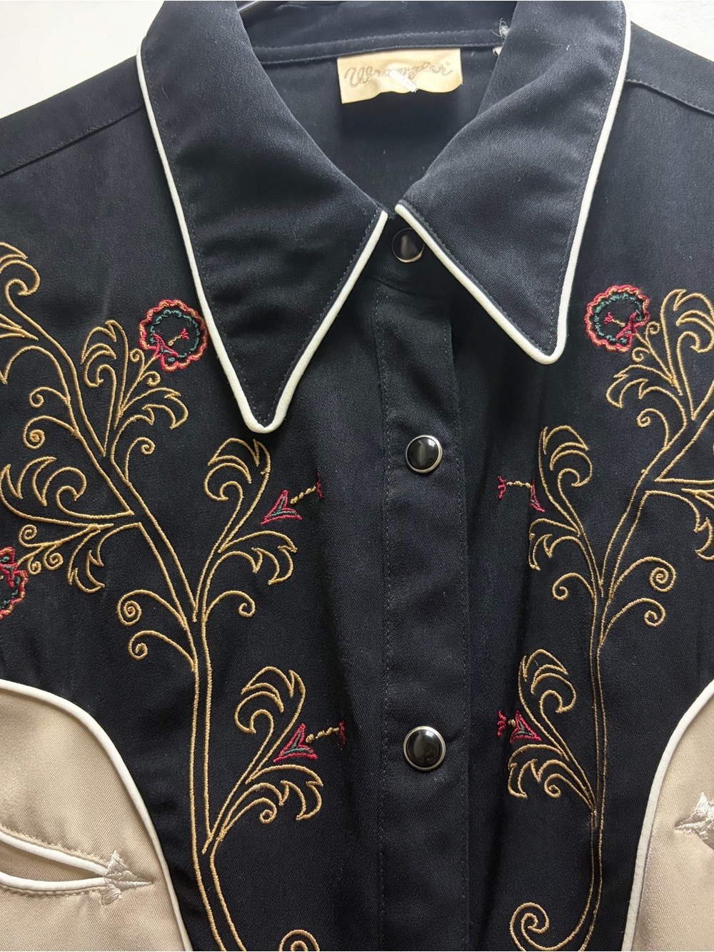 Wrangler Black Western Button-Down Shirt with Gold & Red Embroidery